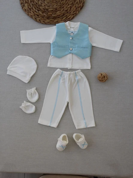 Yelekli Papyon Smokin Erkek Bebek Hediyelik, Mevlütlük, Sünnetlik 5 Parça Takım Mavi - Resim 4