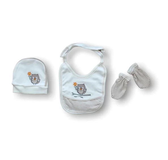 Romantik Çift Baykuş Nakışlı %100 Cotton Antibakteriyel 5li Zıbın Takımı Hastane Çıkışı Ekru - 5