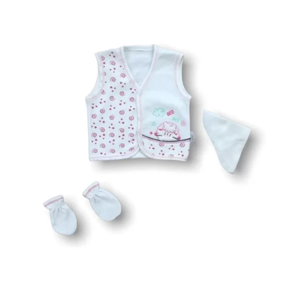 Kuzucuk Nakışlı %100 Cotton Antibakteriyel 5li Zıbın Takımı Hastane Çıkışı Ekru - Resim 5