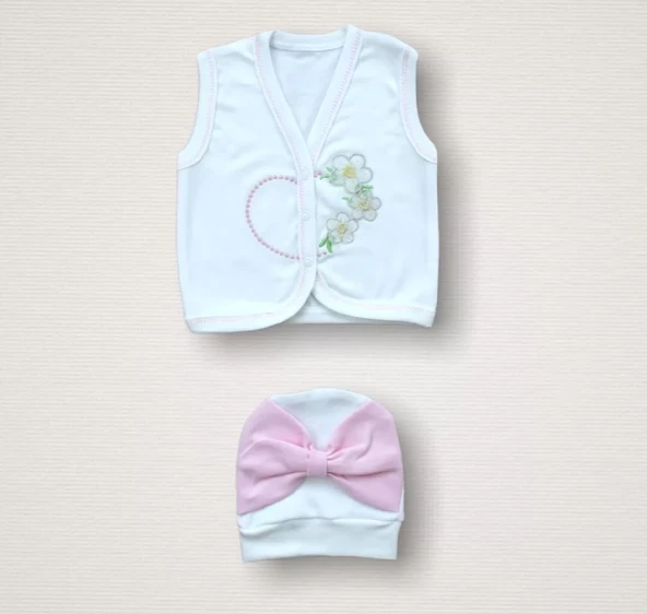 Baharın Çiçekli Kalbi Nakışlı %100 Cotton Antibakteriyel 10lu Zıbın Takımı Hastane Çıkışı Pembe - 6