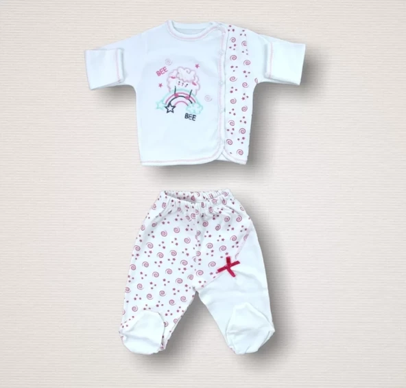 Kıvırcık Kuzu Nakışlı %100 Cotton Antibakteriyel 10lu Zıbın Takımı Hastane Çıkışı Ekru - 5