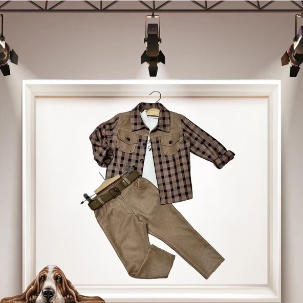 Cepli Pantolon Ekose Gömlek Uzun Kollu Sweat 3lü Erkek Çocuk Takımı Bej - 2