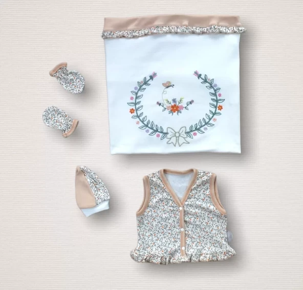 Erguvan Taç Nakışlı %100 Cotton Antibakteriyel Kız Bebek 10lu Zıbın Takımı Hastane Çıkışı Turuncu - 4