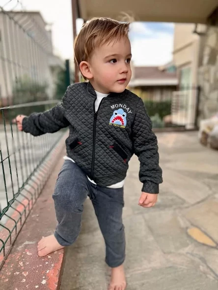 Kot Pantolonlu Pilot Mont Uzun Kollu Penye Sweat 3lü Erkek Çocuk Takımı Füme - 3