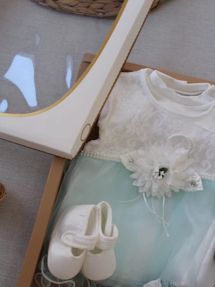 Tül Etekli Kurdelalı Taş Detaylı Kız Bebek Hediyelik, Mevlütlük, Kınalık 3lü Takım Turkuaz - Resim 4