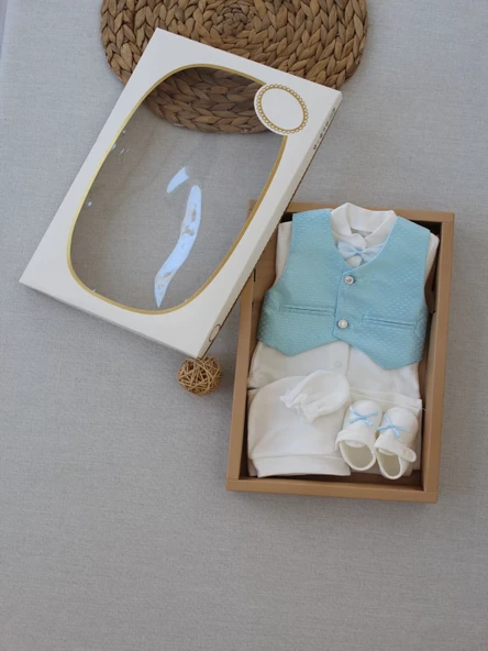 Yelekli Papyon Smokin Erkek Bebek Hediyelik, Mevlütlük, Sünnetlik 5 Parça Takım Mavi - Resim 3