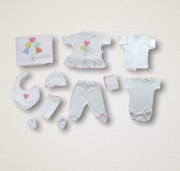 Kalpli Uçan Balon Nakışlı %100 Cotton Antibakteriyel 10lu Zıbın Takımı Hastane Çıkışı Ekru