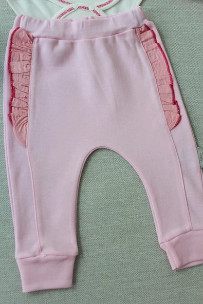 Hello Nakışlı Kruvaze Bandanalı Uzun Kollu Zıbınlı 3lü Kız Bebek Takımı Pembe - Resim 5