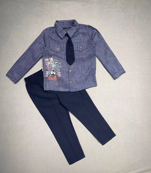 Kravatlı Keten Gömlek Gabardin Pantolon Uzun Kollu 3lü Erkek Çocuk Takımı Lacivert - 2