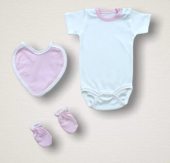 Baharın Çiçekli Kalbi Nakışlı %100 Cotton Antibakteriyel 10lu Zıbın Takımı Hastane Çıkışı Pembe - 4