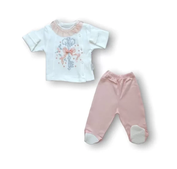 Kanaviçe Nakışlı %100 Cotton Antibakteriyel 5li Zıbın Takımı Hastane Çıkışı Pudra - 4