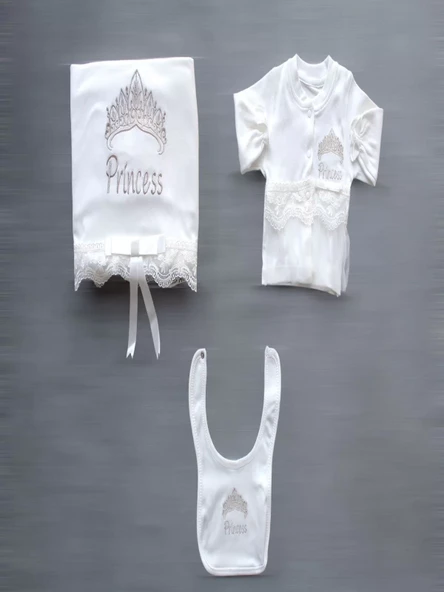 Taçlı Prensesim Nakışlı %100 Cotton Antibakteriyel 10lu Zıbın Takımı Hastane Çıkışı Ekru - 5
