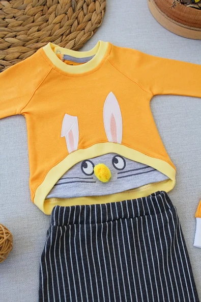 Şımarık Tavşan Nakışlı Şapkalı Uzun Kollu Sweat 3lü Kız-erkek Bebek Takımı Turuncu - Resim 2