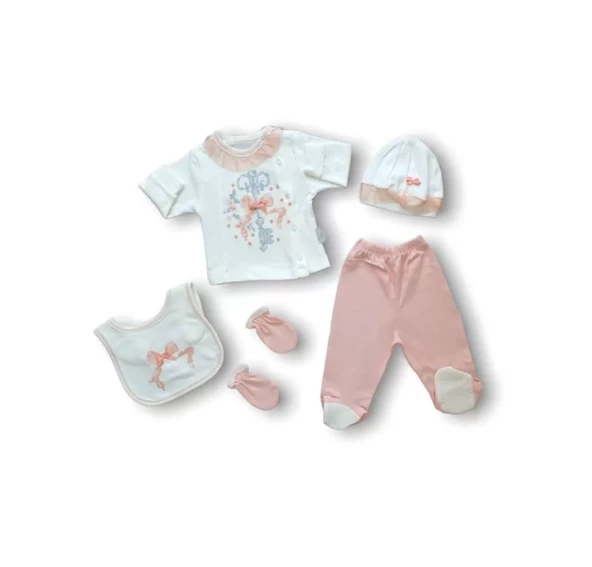 Kanaviçe Nakışlı %100 Cotton Antibakteriyel 5li Zıbın Takımı Hastane Çıkışı Pudra - 7