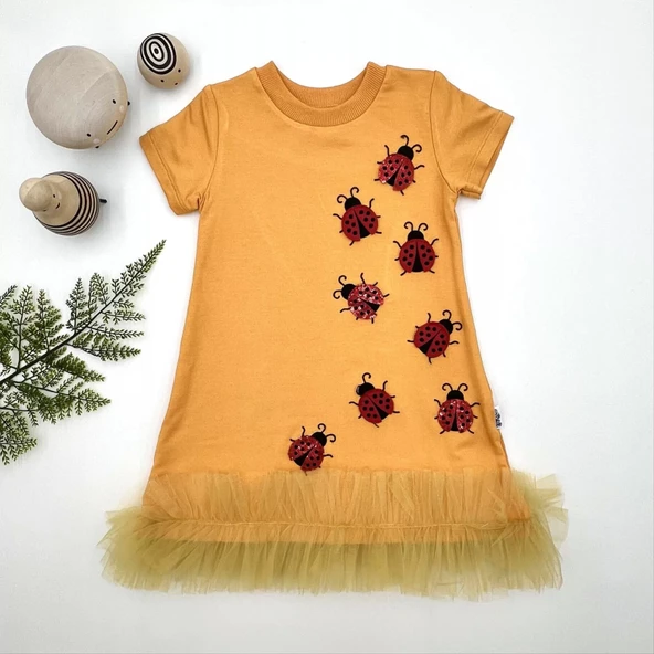 Uğur Böceği Nakışlı Fırfır Uçlu Kız Çocuk Jile Elbisesi Turuncu - 3
