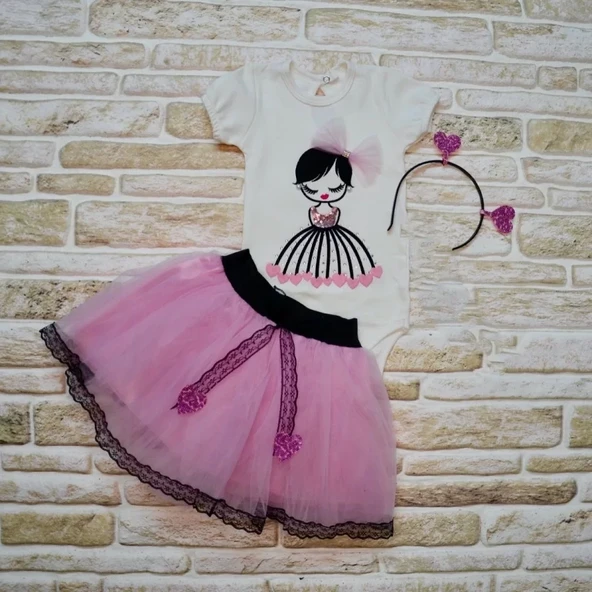 Kalp Kız Nakışlı Taçlı Kısa Kollu Tütü Etek 3lü Kız Bebek Takımı Lila - Resim 2