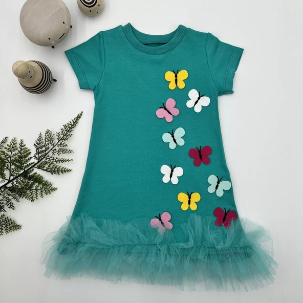 Renkli Kelebekler Nakışlı Eteği Fırfırlı Jile Çocuk Elbisesi Turkuaz - 3