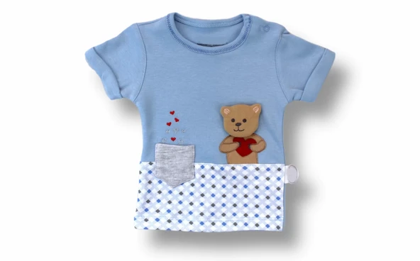 Romantik Ayıcık Nakışlı Bandajlı Kısa Kollu Sweatli 3lü Kız-erkek Bebek Takımı Mavi - Resim 4