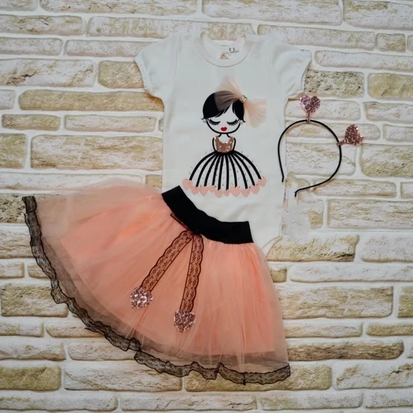 Kalp Kız Nakışlı Taçlı Kısa Kollu Tütü Etek 3lü Kız Bebek Takımı Pudra