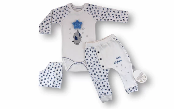 Kutup Yıldızı Nakışlı Bandajlı Uzun Kollu Zıbınlı 3lü Erkek Bebek Takımı Ekru - Resim 2