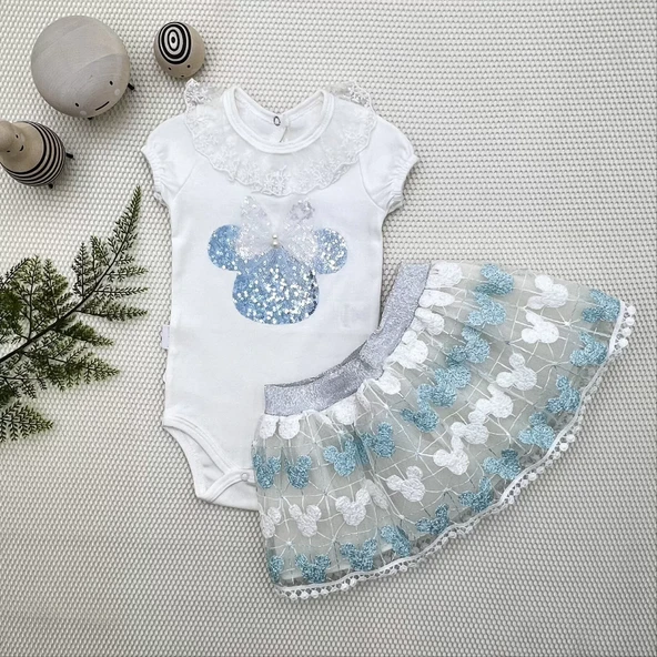 Petli Mickey Nakışlıkısa Kollu Brode Etekli 2li Kız Bebek Takımı Turkuaz ürün görseli