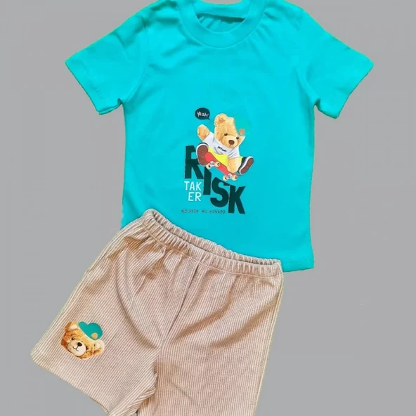 Kaykaycı Ayı Baskılı Şortlu Kısa Kollu Tişört 2li Erkek Bebek Takımı Turkuaz - Resim 4