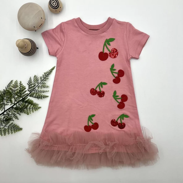 Petli Kiraz Nakışlı Eteği Fırfırlı Jile Kız Çocuk Elbisesi Gül Kurusu - 2