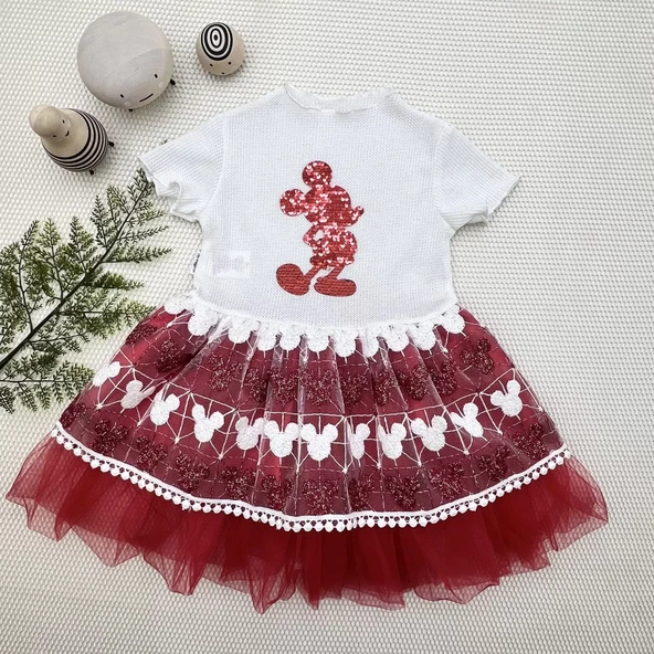 Petli Mickey Baskılı Brode Etekli Kız Bebek Elbisesi Kırmızı - 3