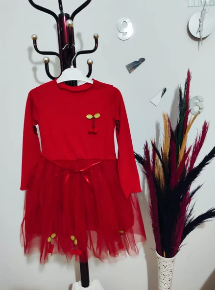 Kiraz Desenli Kurdela Kuşaklı Astarlı Uzun Kollu Kız Çocuk Tütü Elbise Kırmızı - Resim 5