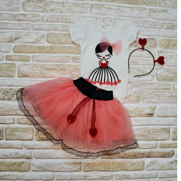 Kalp Kız Nakışlı Taçlı Kısa Kollu Tütü Etek 3lü Kız Bebek Takımı Nar Çiçeği - Resim 2