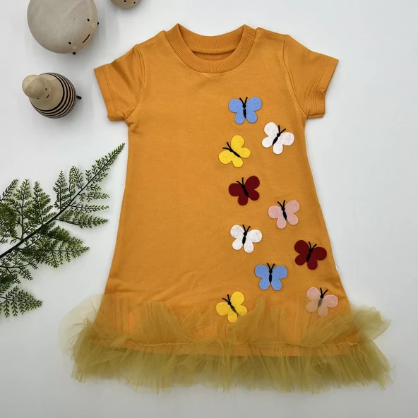 Renkli Kelebekler Nakışlı Eteği Fırfırlı Jile Çocuk Elbisesi Turuncu - Resim 2