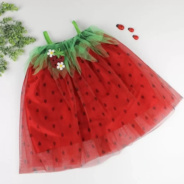 Askılı Çilek Kostüm Kız Çocuk Elbise Kırmızı - Resim 9