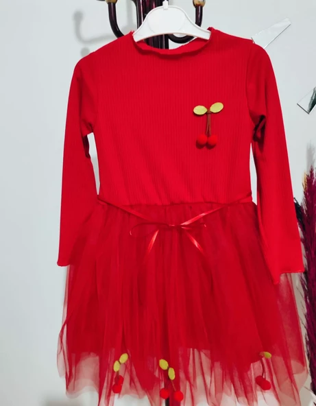 Kiraz Desenli Kurdela Kuşaklı Astarlı Uzun Kollu Kız Çocuk Tütü Elbise Kırmızı - Resim 6