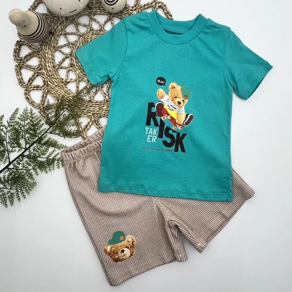 Kaykaycı Ayı Baskılı Şortlu Kısa Kollu Tişört 2li Erkek Bebek Takımı Turkuaz - Resim 3
