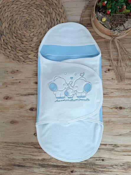 Yenidoğan Mutlu Fil Ailesi Nakışlı Çıt Çıt Kapamalı Bebek Kundak Ekru-mavi - Resim 3