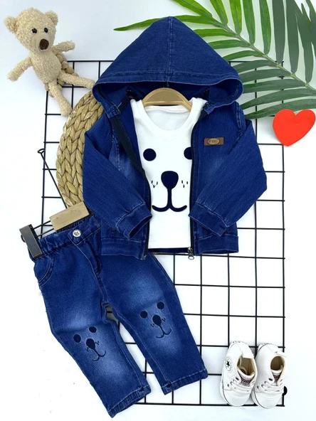 Kot Kumaş Kapşonlu Uzun Kol Sweatli Kot Kumaş 3lü Erkek Bebek Takımı Mavi ürün görseli