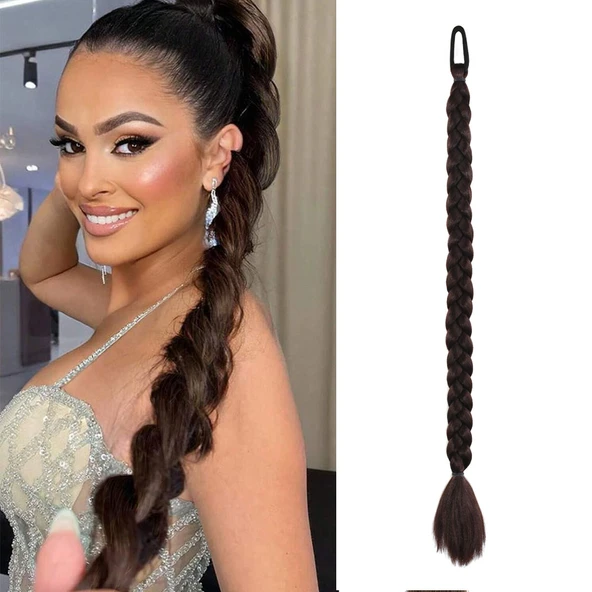 İkili Örgü Lastik Tokalı At Kuyruğu - Kahverengi ürün görseli