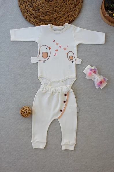 Şarkıcı Kuşlar Nakışlı Bandanalı Uzun Kollu Zıbınlı 3lü Kız Bebek Takımı Ekru - Resim 3