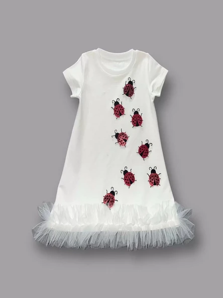 Uğur Böceği Nakışlı Fırfır Uçlu Kız Çocuk Jile Elbisesi Beyaz - 4