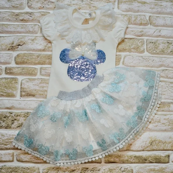 Petli Mickey Nakışlıkısa Kollu Brode Etekli 2li Kız Bebek Takımı Turkuaz - Resim 4