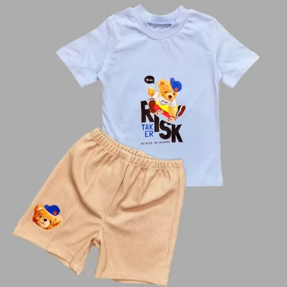Kaykaycı Baskılı Şortlu Kısa Kollu Tişört 2li Erkek Bebek Takımı Mavi - Resim 3