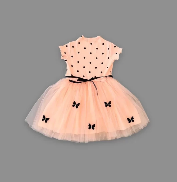 Puantiyeli Kelebek Etekli Astarlı Kız Çocuk Elbisesi Somon - 4