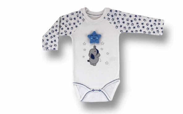 Kutup Yıldızı Nakışlı Bandajlı Uzun Kollu Zıbınlı 3lü Erkek Bebek Takımı Ekru - Resim 4