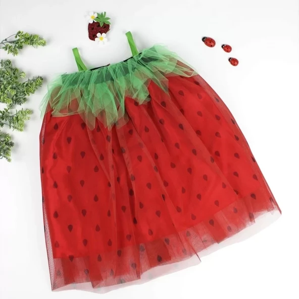 Askılı Çilek Kostüm Kız Çocuk Elbise Kırmızı - Resim 11