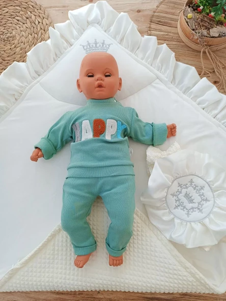 Yenidoğan Piramitland Soft Taç Nakışlı Bebek Battaniyesi Kundak Krem - 5