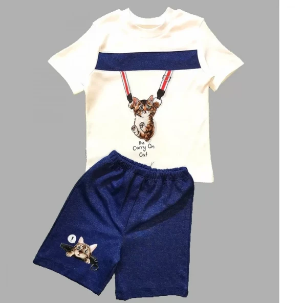 Fermuarlı Kedi Baskılı Şortlu Kısa Kollu Tişört 2li Erkek Bebek Takımı İndigo - Resim 3