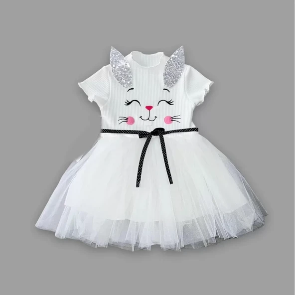 Petli Kulak Tavşan Baskılı Kız Bebek Elbisesi Beyaz - 3