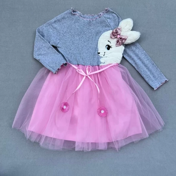 Pelüş Tavşan Desenli Kurdela Kuşaklı Astarlı Kız Çocuk Tütü Elbise Pembe - 3