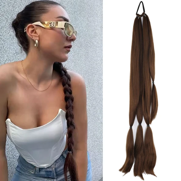 Üçlü Örgü Tokalı At Kuyruğu - Açık Kahve ürün görseli 1