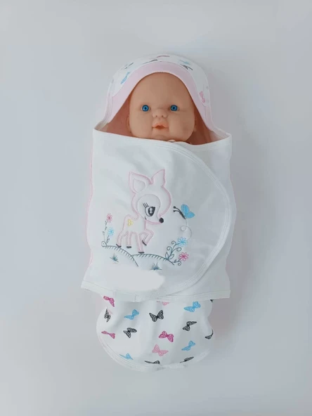 Yenidoğan İlk Baharın Ceylanı Nakışlı Çıt Çıt Kapama Bebek Kundak Ekru - 6